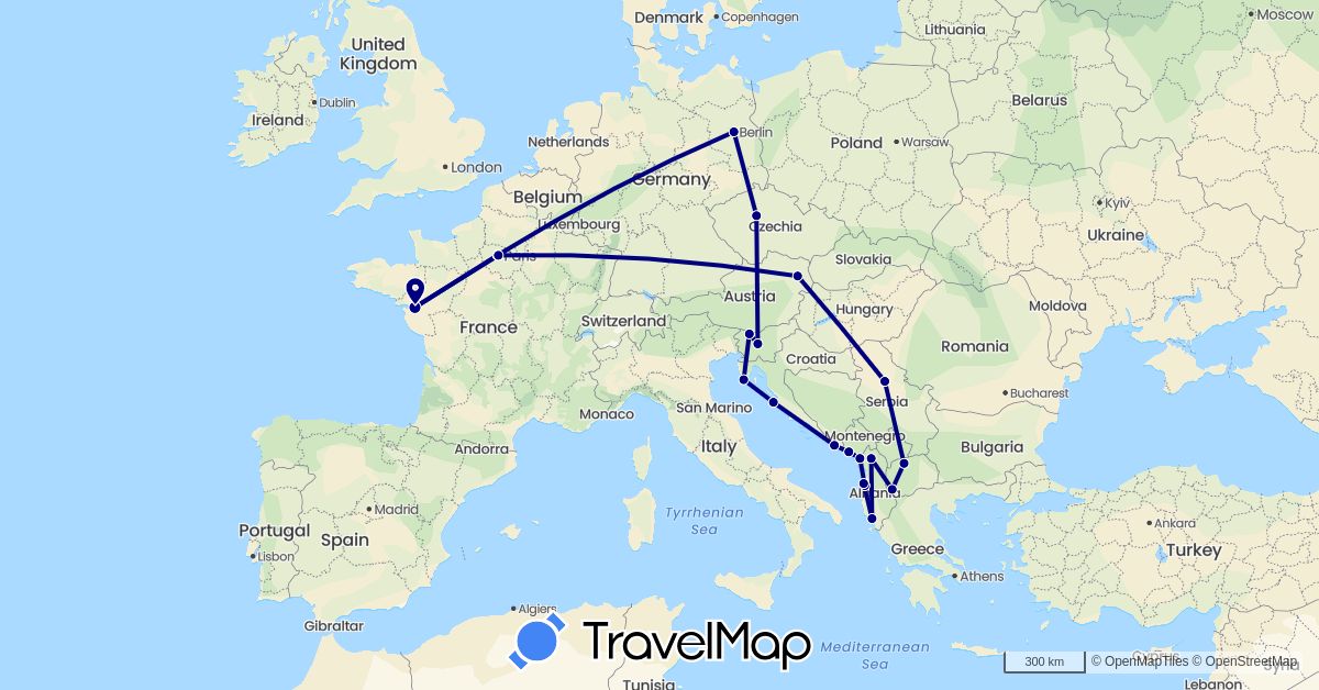 TravelMap itinerary: driving in Albania, Austria, Czech Republic, Germany, France, Croatia, Montenegro, Macedonia, Serbia, Slovenia (Europe)